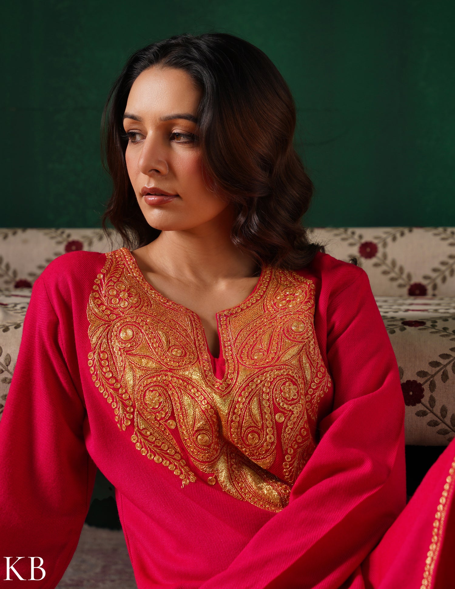 Kashmiri Golden Boti Tilla Embroidered Woollen Coordset – Dark Pink | Handcrafted Heritage