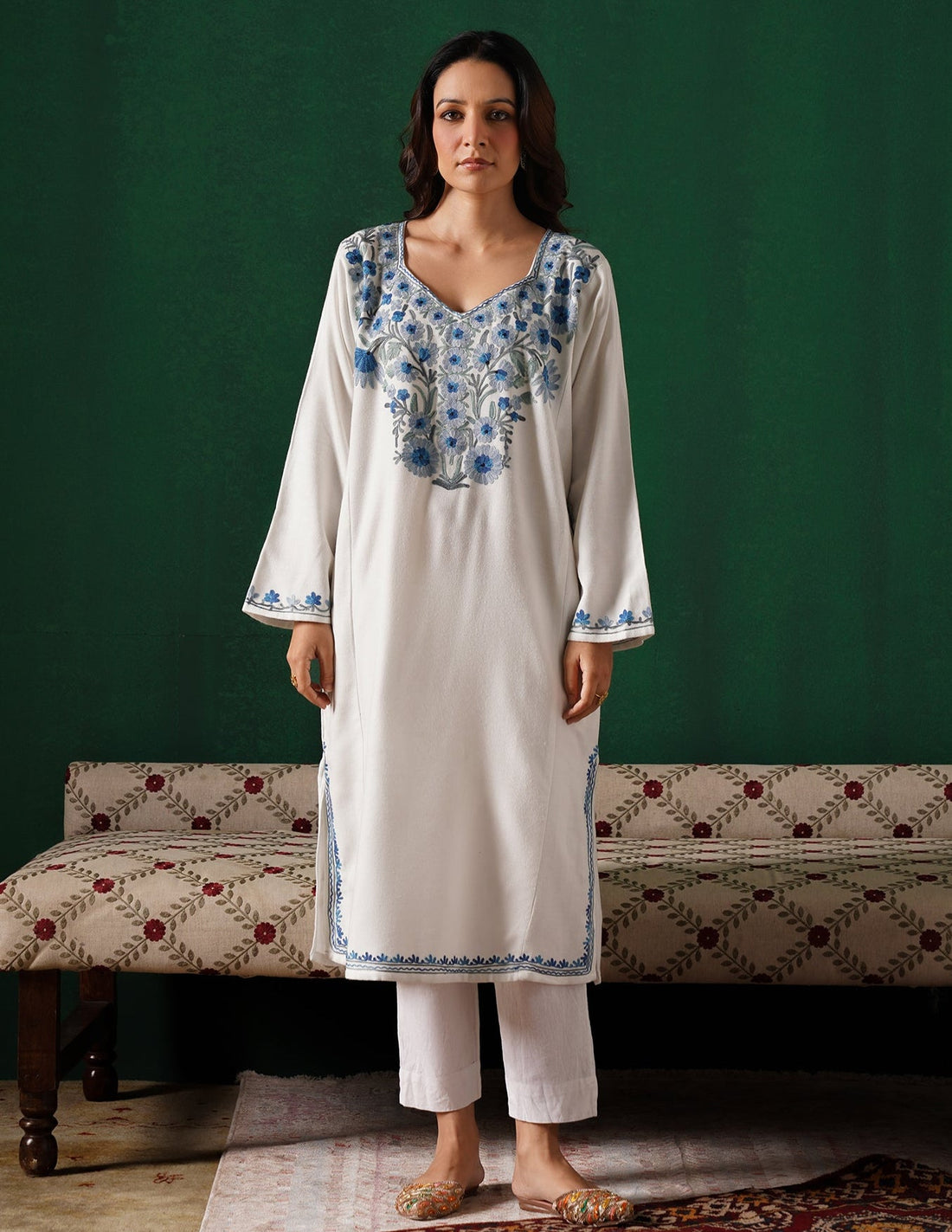 Kashmiri Blue & Grey Aari Embroidered Woollen Phiran – White | Timeless Winter Wear - Kashmir Box