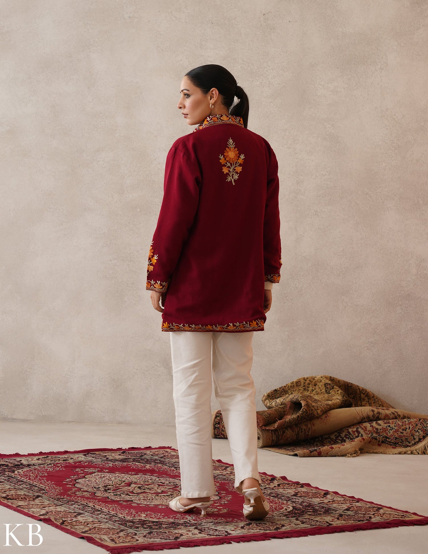 Nayaab Maroon Red Kashmiri Aari Cashmilon Jacket