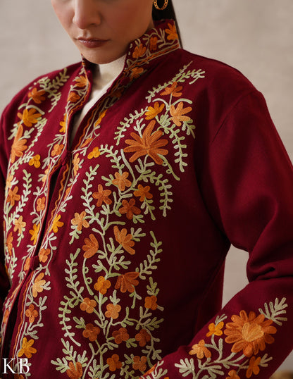 Nayaab Maroon Red Kashmiri Aari Cashmilon Jacket