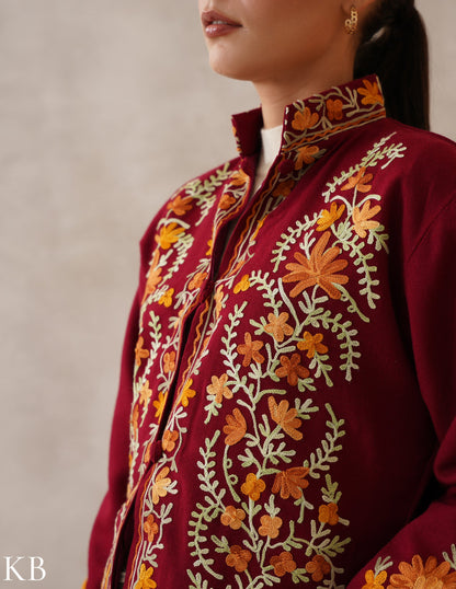 Nayaab Maroon Red Kashmiri Aari Cashmilon Jacket