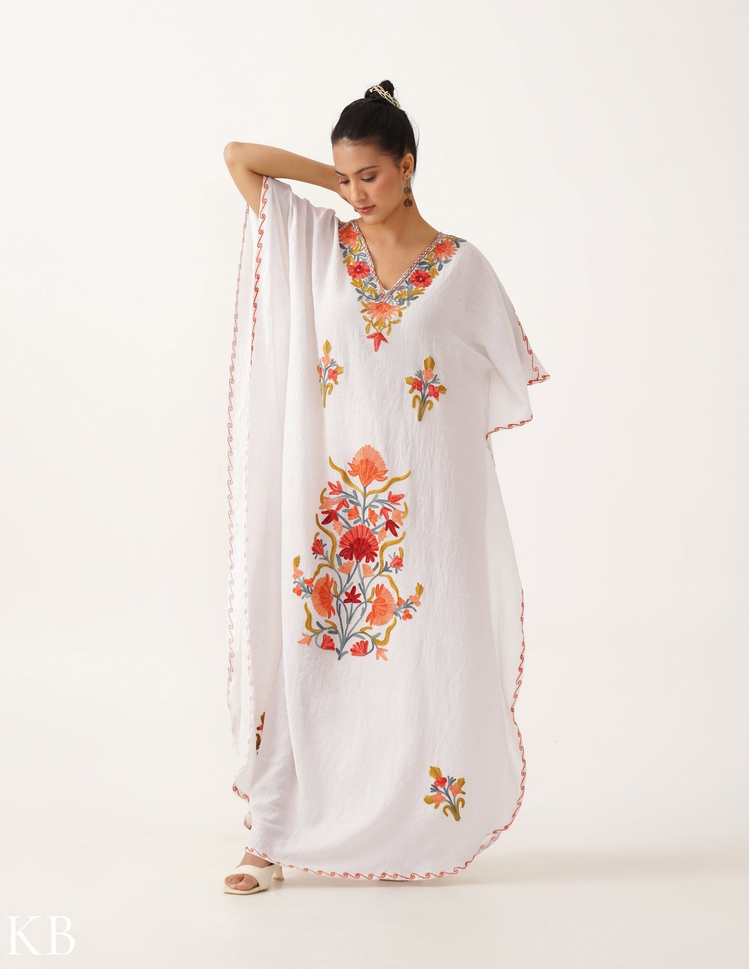 Floral Embroidered White Cotton Summer Kaftan - Kashmir Box