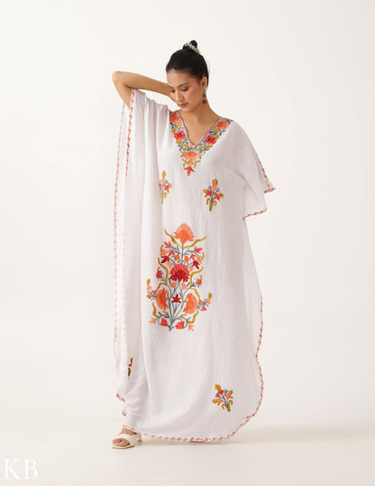Floral Embroidered White Cotton Summer Kaftan - Kashmir Box