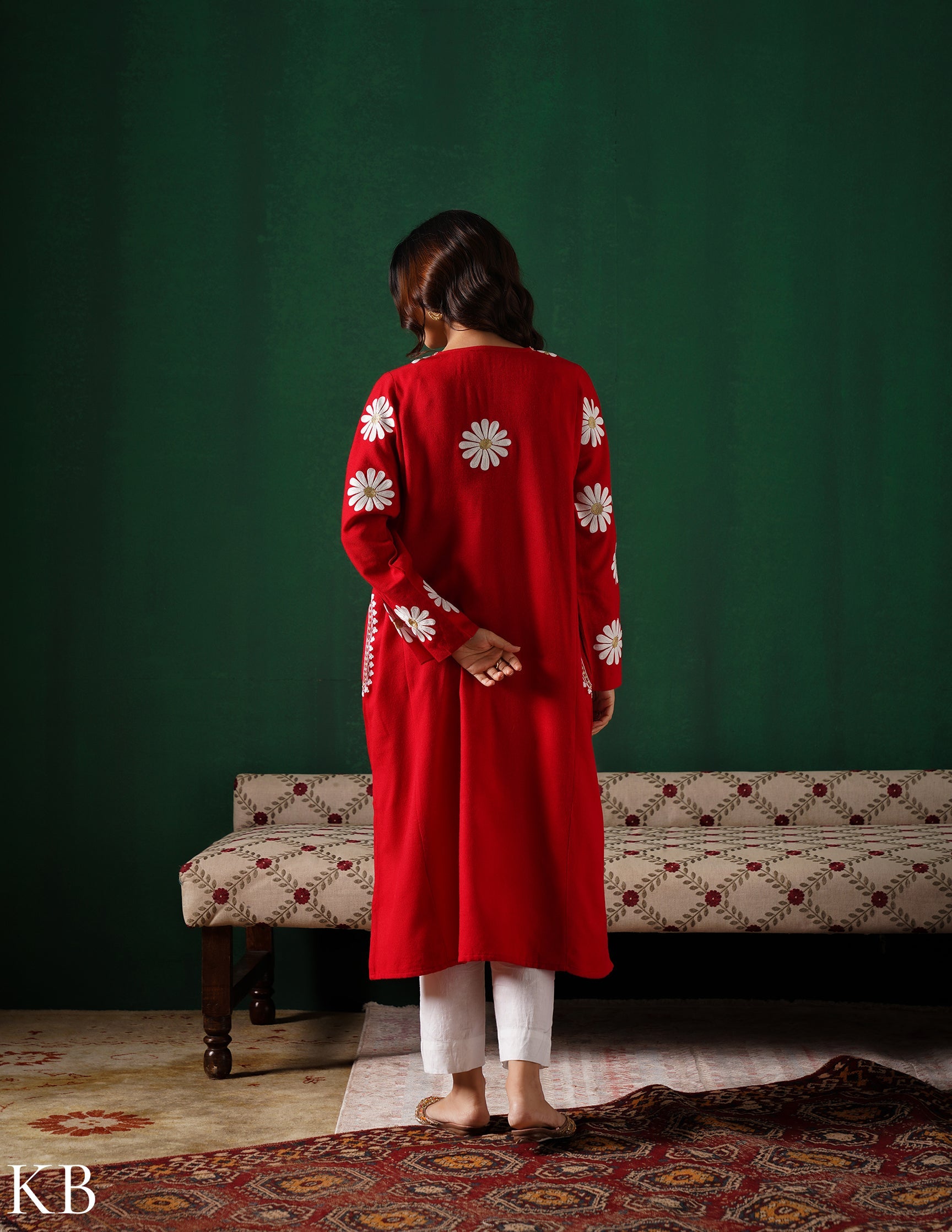 Kashmiri White Aari &amp; Silver Zari Embroidered Woollen Phiran – Maroon | Timeless Winter Wear