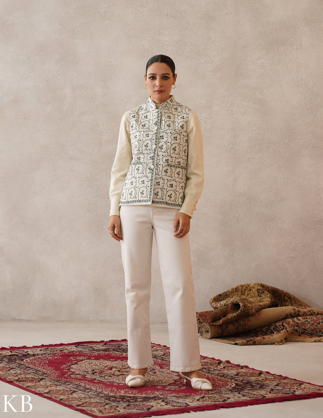 Nayaab Off-White Kashmiri Embroidered Fine Wool Waistcoat