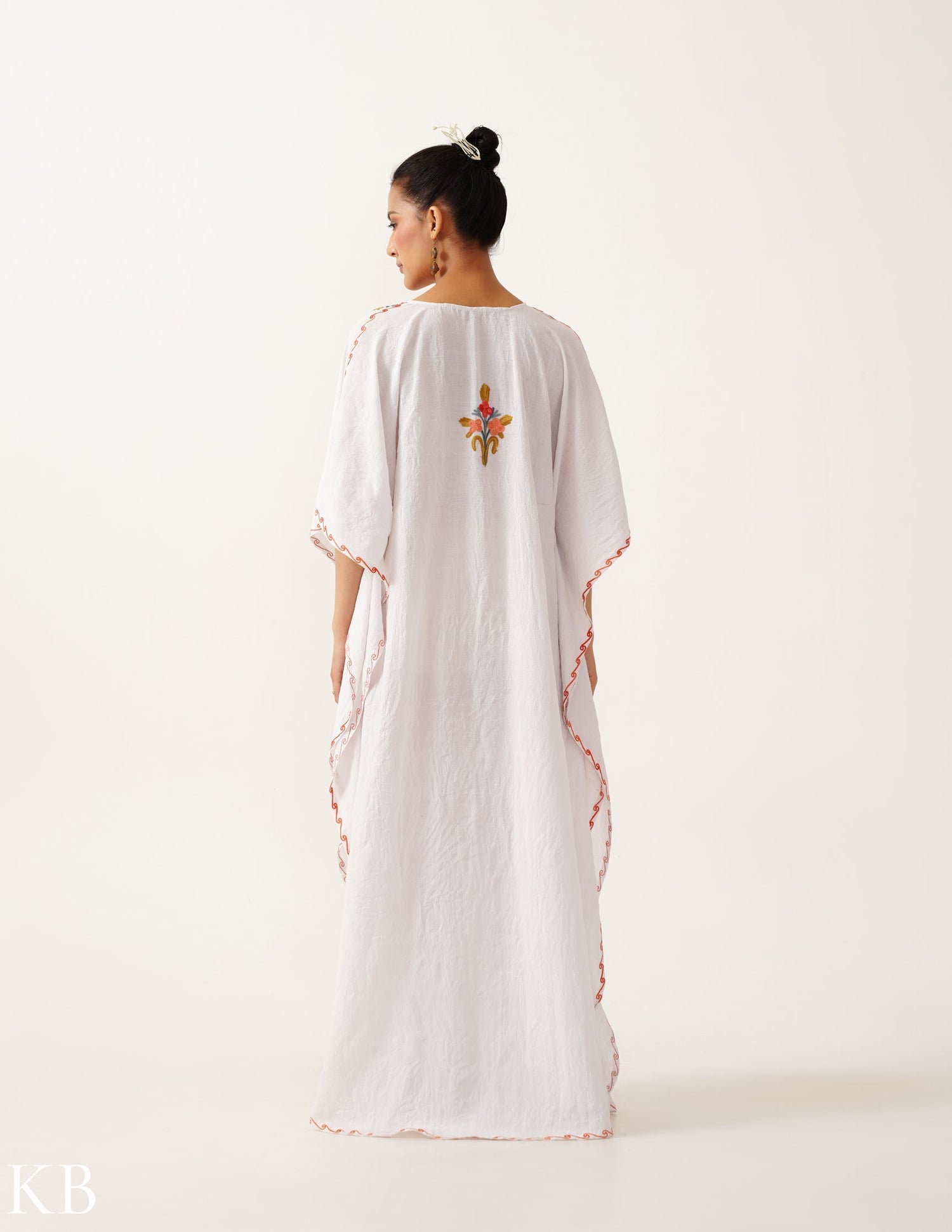 Floral Embroidered White Cotton Summer Kaftan - Kashmir Box