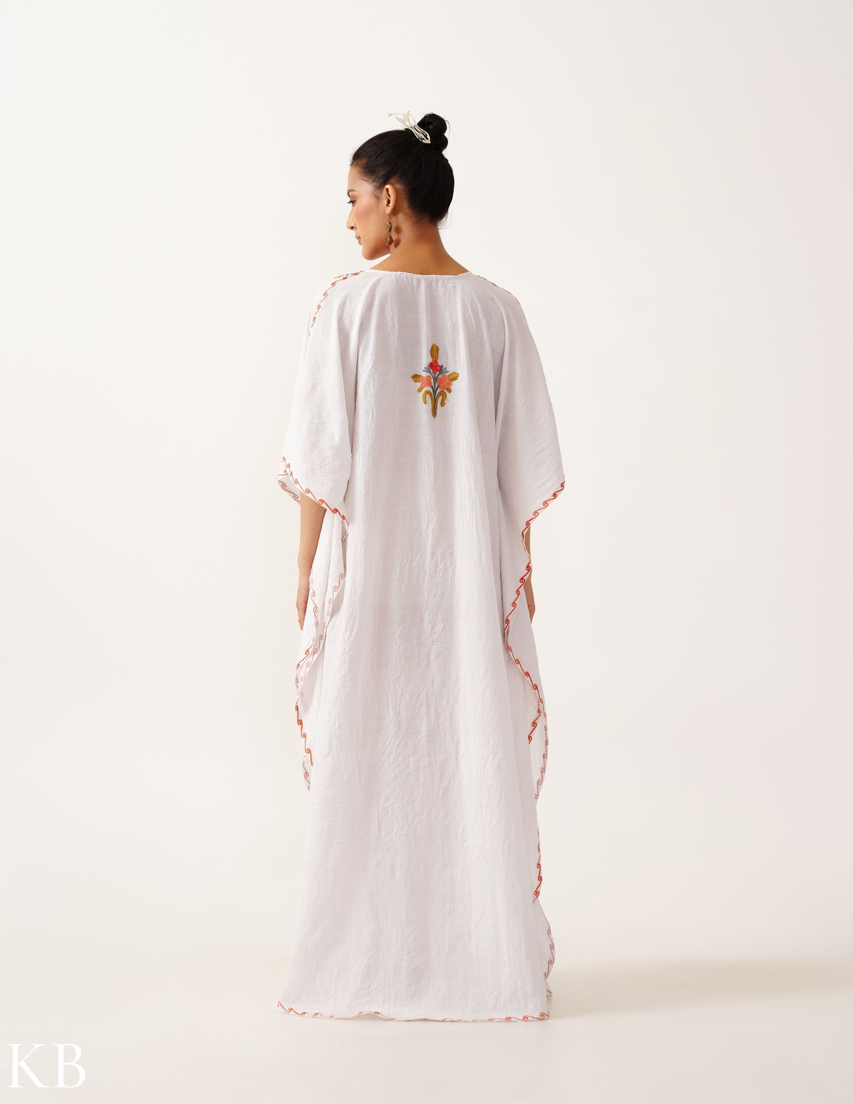 Floral Embroidered White Cotton Summer Kaftan - Kashmir Box