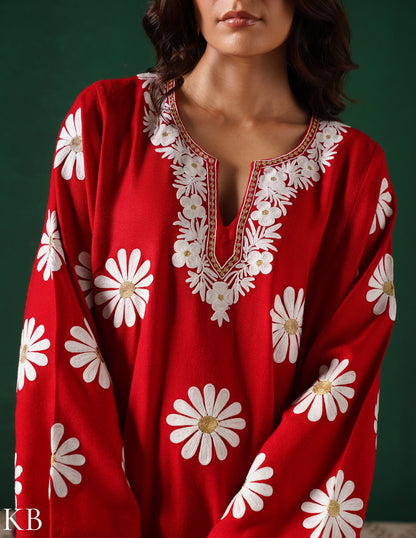 Kashmiri White Aari &amp; Silver Zari Embroidered Woollen Phiran – Maroon | Timeless Winter Wear - Kashmir Box