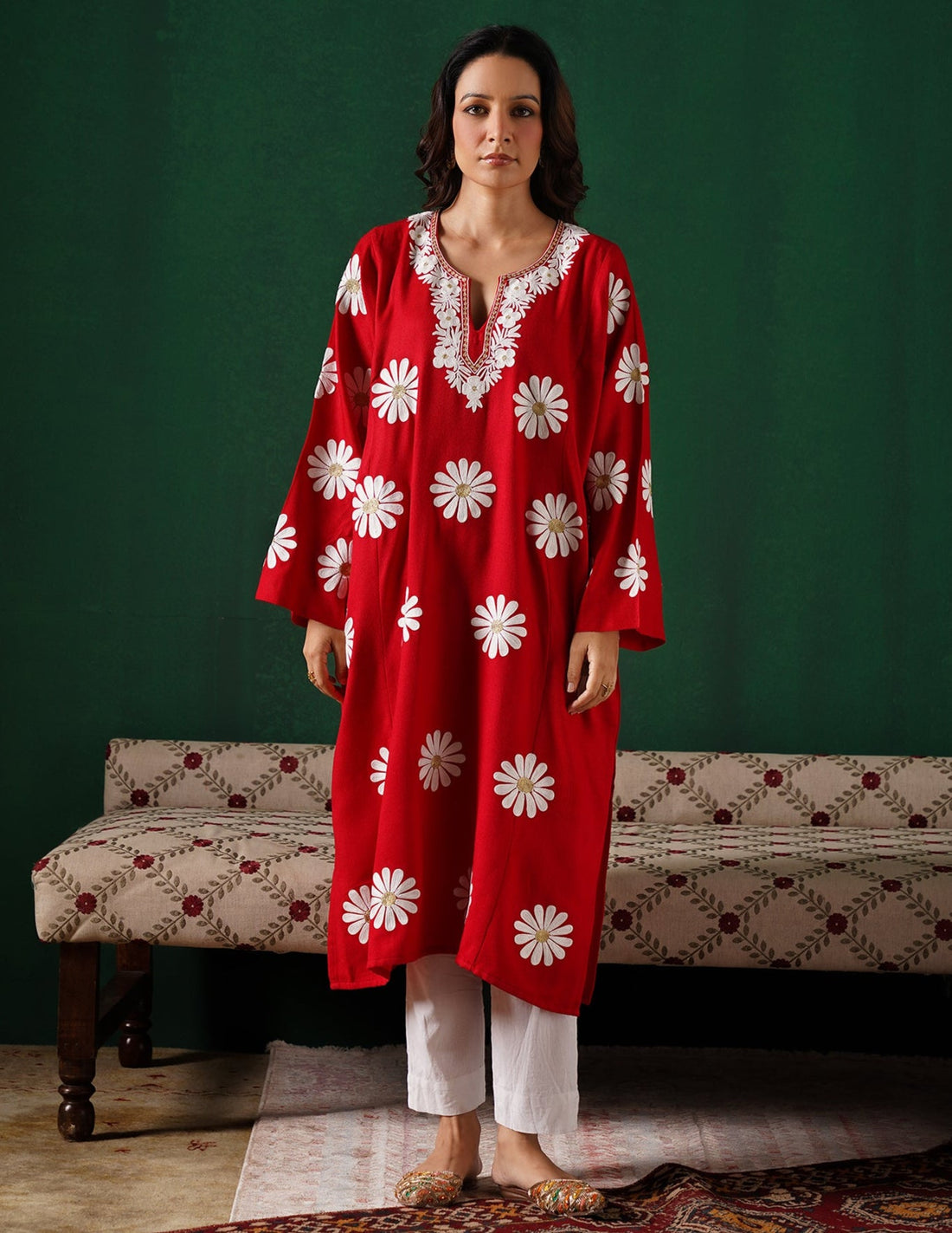 Kashmiri White Aari & Silver Zari Embroidered Woollen Phiran – Maroon | Timeless Winter Wear - Kashmir Box