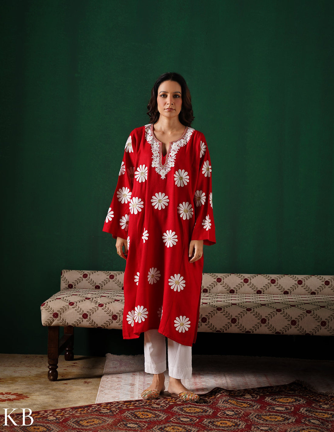 Kashmiri White Aari &amp; Silver Zari Embroidered Woollen Phiran – Maroon | Timeless Winter Wear