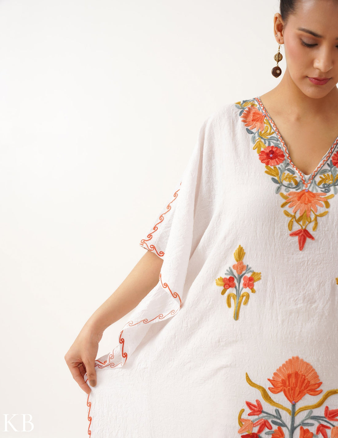 Floral Embroidered White Cotton Summer Kaftan - Kashmir Box