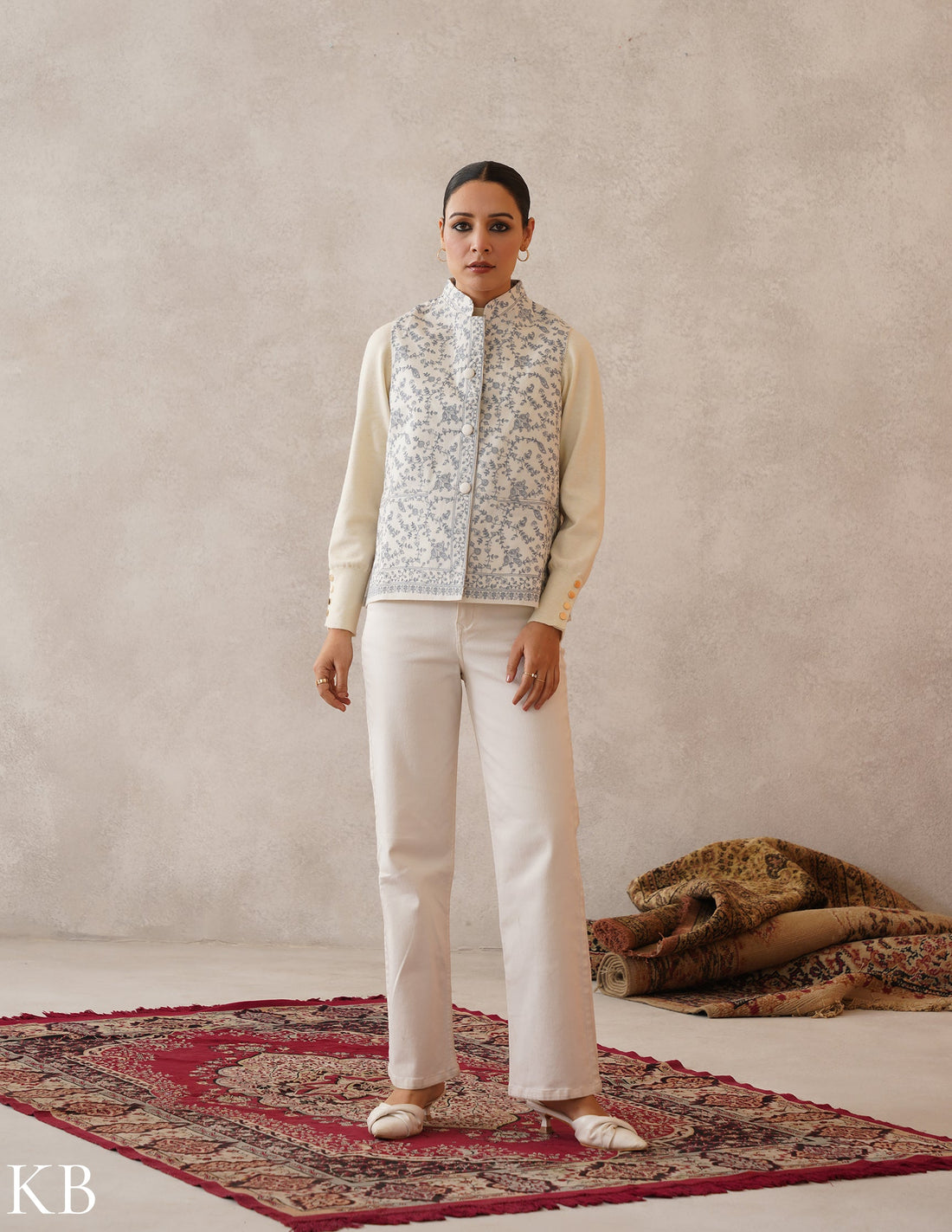 Nayaab Off-White Kashmiri Embroidered Fine Wool Waistcoat