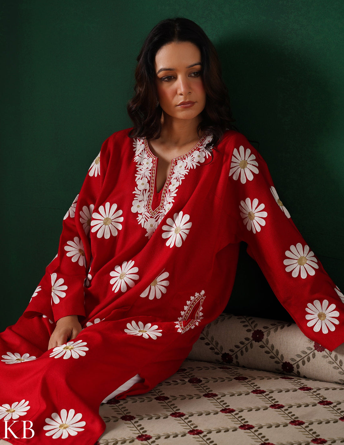 Kashmiri White Aari &amp; Silver Zari Embroidered Woollen Phiran – Maroon | Timeless Winter Wear