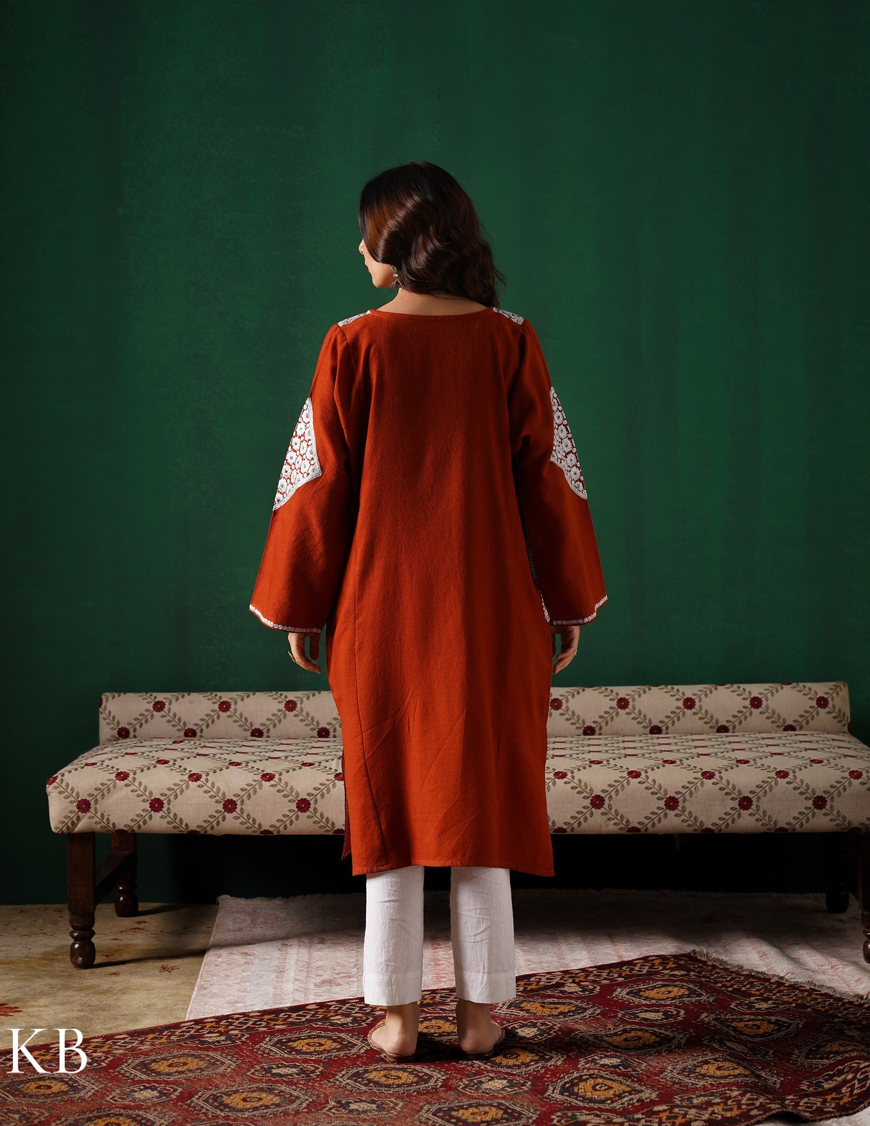 Kashmiri Silver Boti Tilla Embroidered Woollen Phiran – Rust Orange | Handcrafted Heritage
