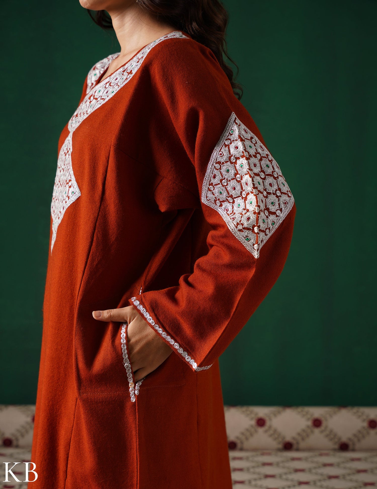 Kashmiri Silver Boti Tilla Embroidered Woollen Phiran – Rust Orange | Handcrafted Heritage