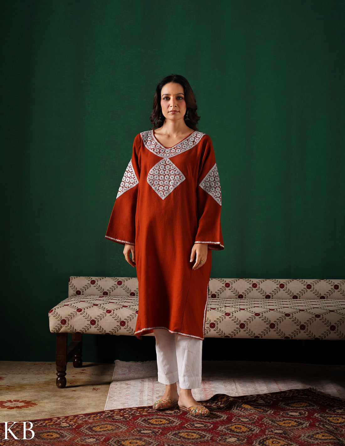 Kashmiri Silver Boti Tilla Embroidered Woollen Phiran – Rust Orange | Handcrafted Heritage