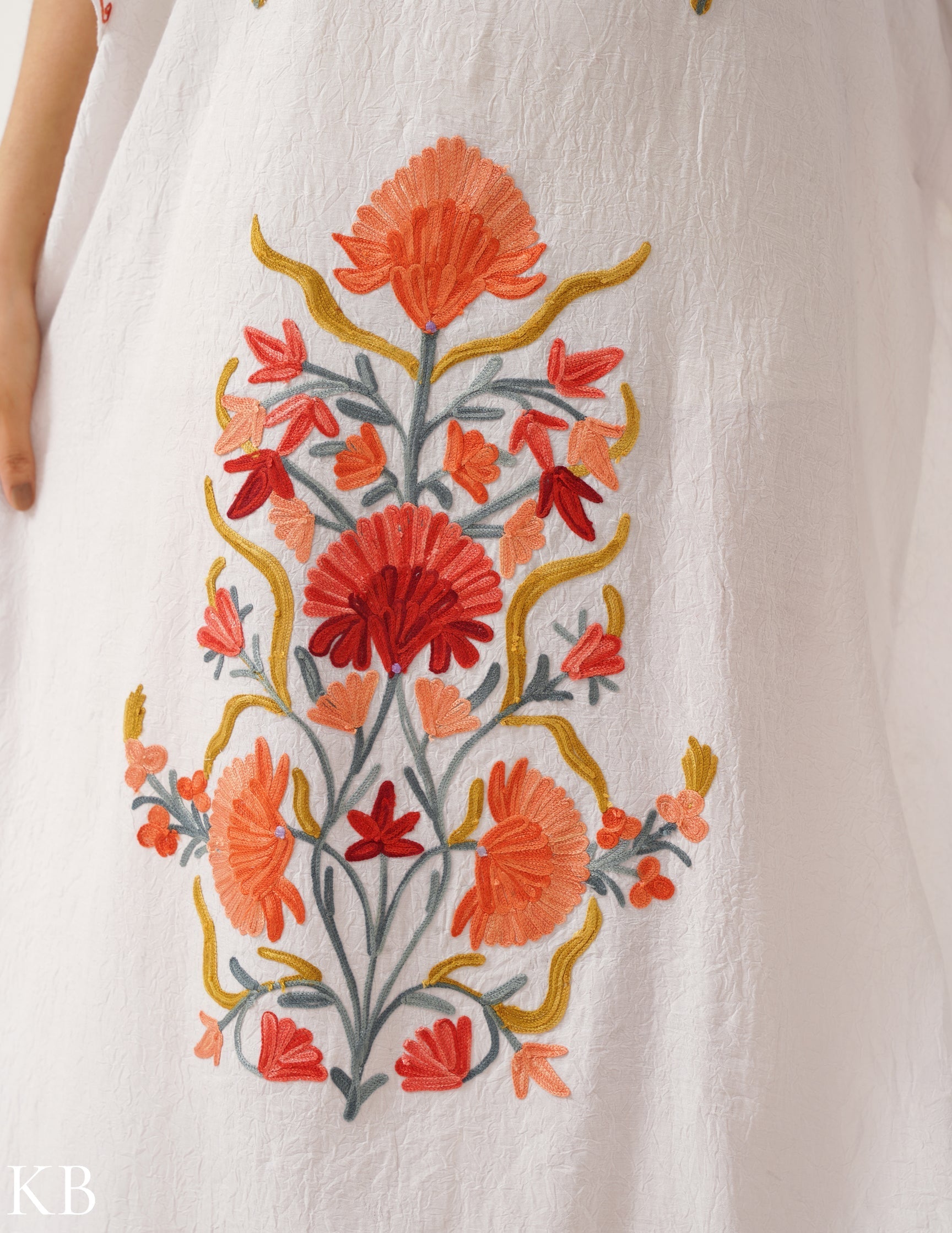 Floral Embroidered White Cotton Summer Kaftan - Kashmir Box