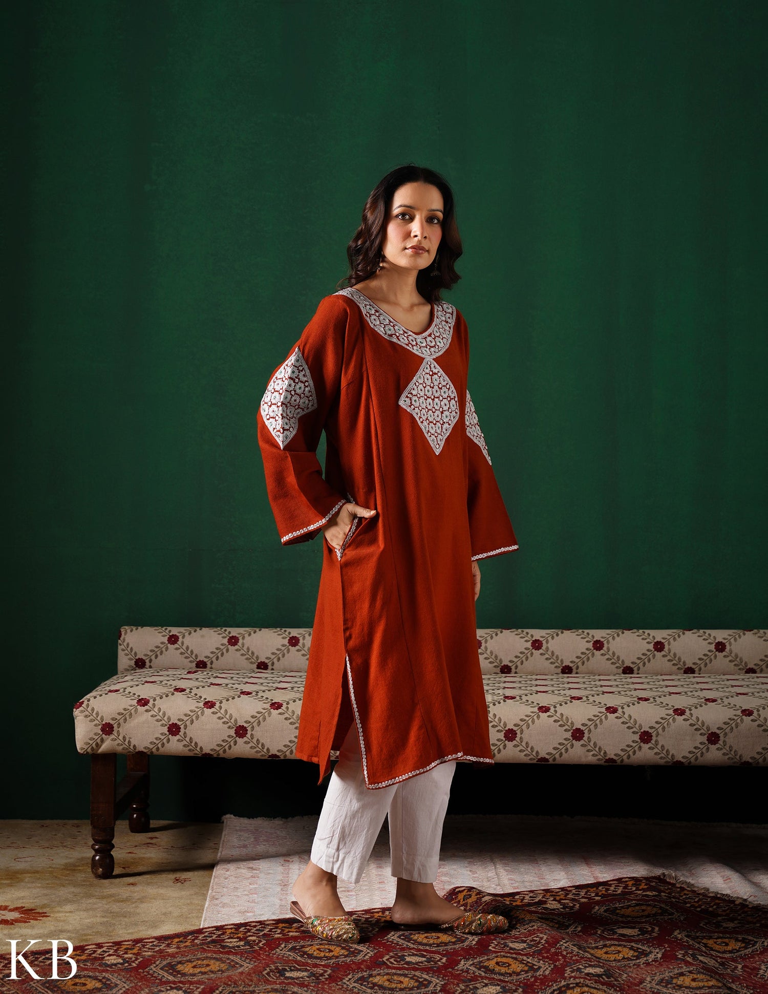 Kashmiri Silver Boti Tilla Embroidered Woollen Phiran – Rust Orange | Handcrafted Heritage