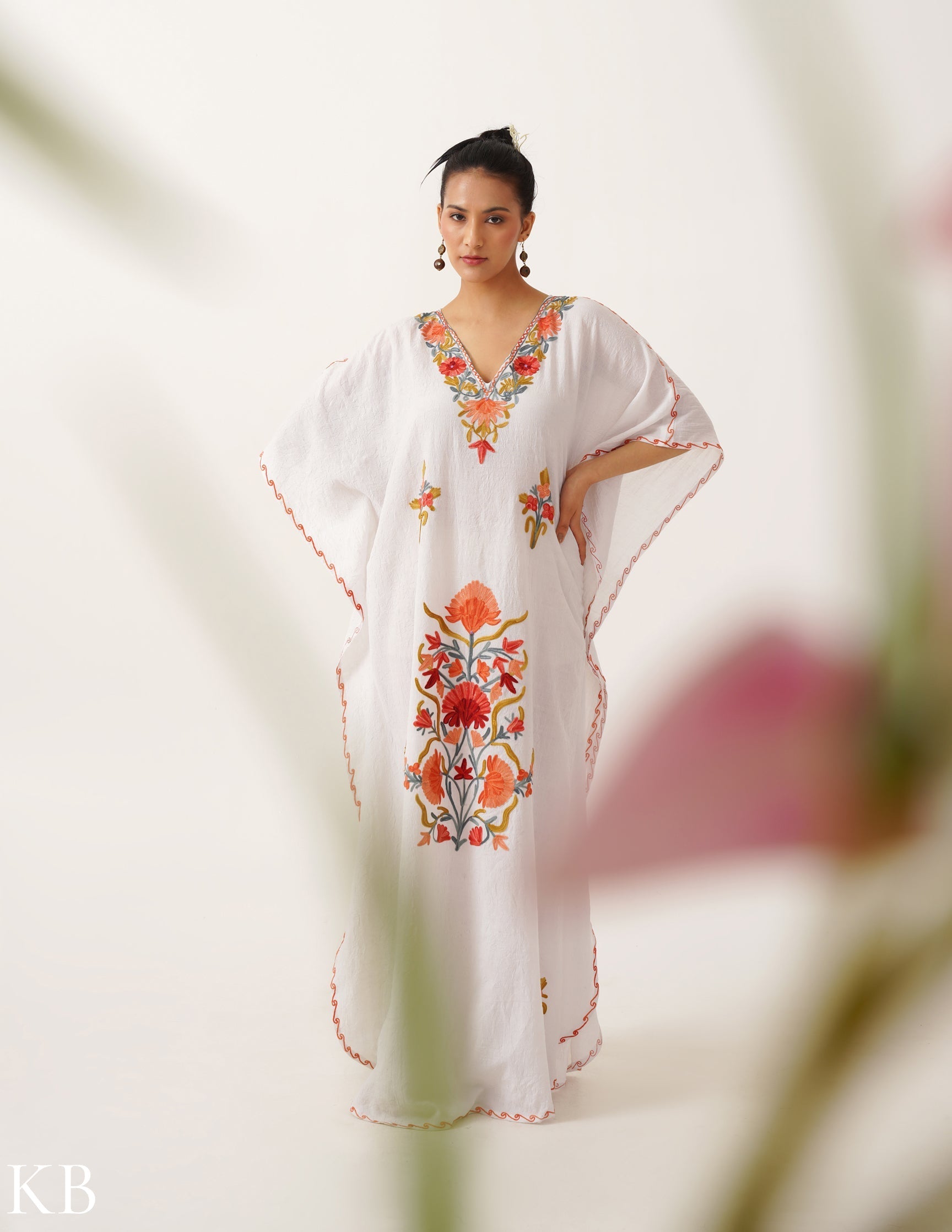 Floral Embroidered White Cotton Summer Kaftan - Kashmir Box