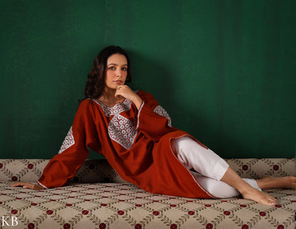 Kashmiri Silver Boti Tilla Embroidered Woollen Phiran – Rust Orange | Handcrafted Heritage