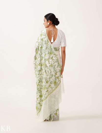 Soft Green Embroidered Off-White Georgette Saree - Kashmir Box