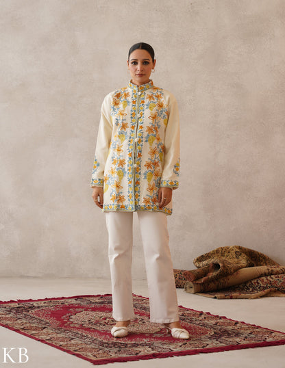 Nayaab Classic Cream Kashmiri Aari Cashmilon Jacket - Kashmir Box