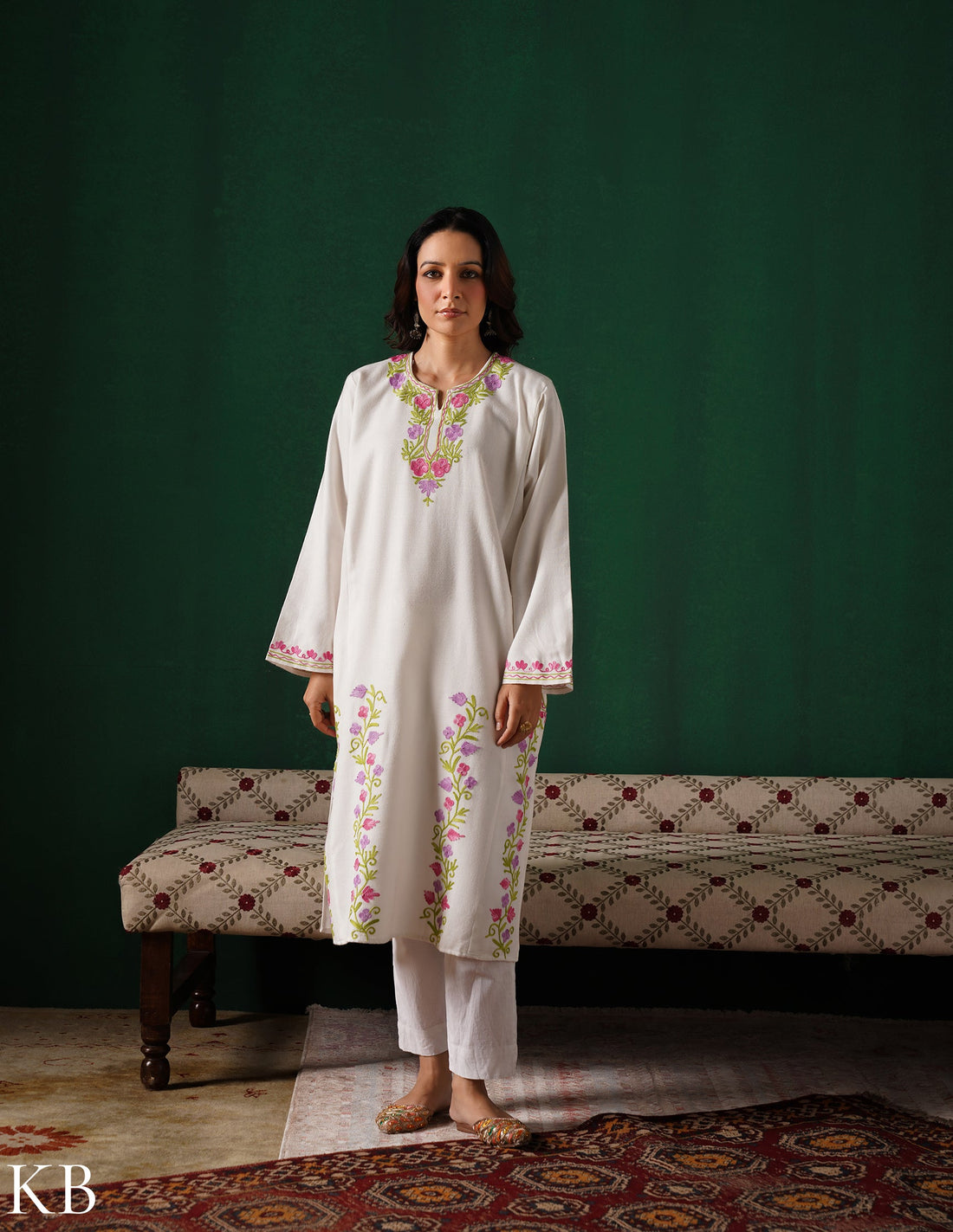Kashmiri Pink, Green & Purple Aari Embroidered Woollen Phiran – White | Timeless Winter Wear
