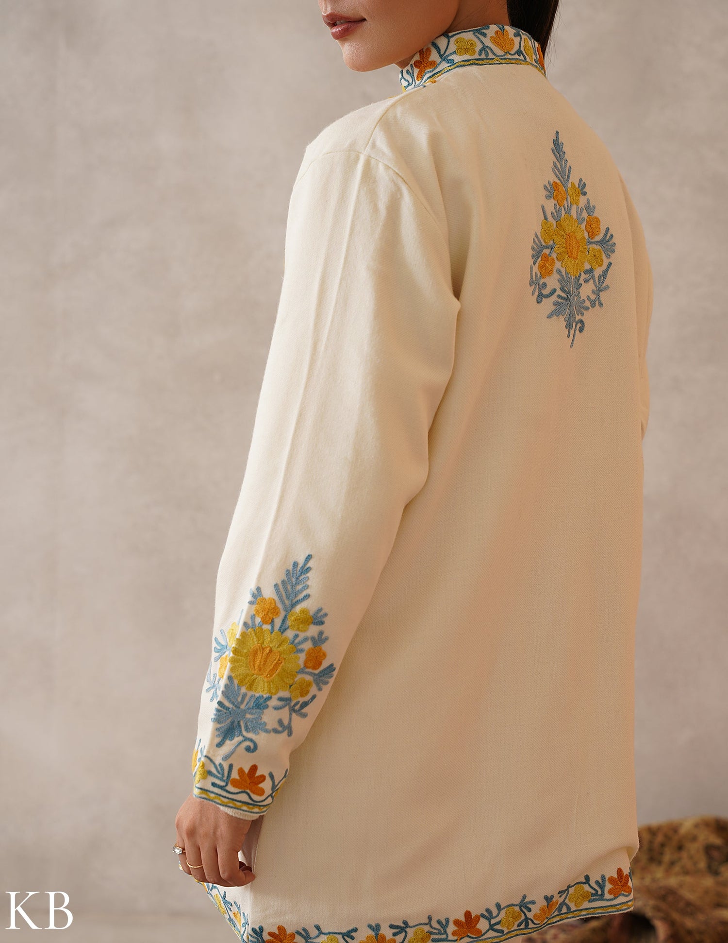 Nayaab Classic Cream Kashmiri Aari Cashmilon Jacket