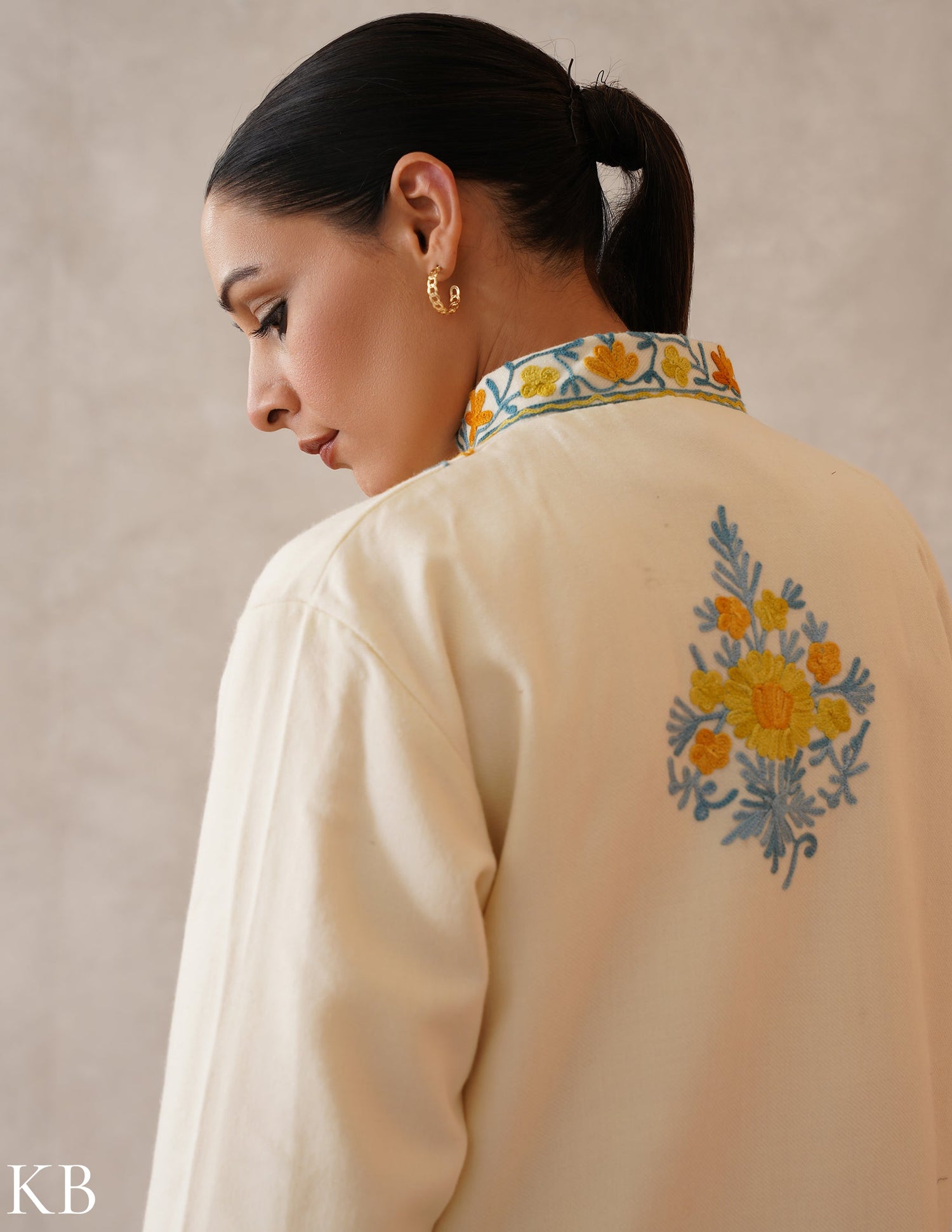 Nayaab Classic Cream Kashmiri Aari Cashmilon Jacket