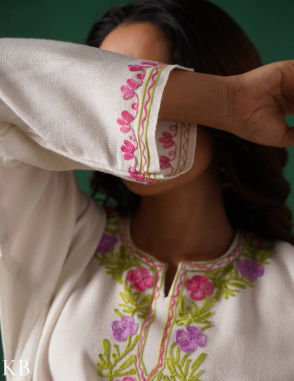 Kashmiri Pink, Green &amp; Purple Aari Embroidered Woollen Phiran – White | Timeless Winter Wear