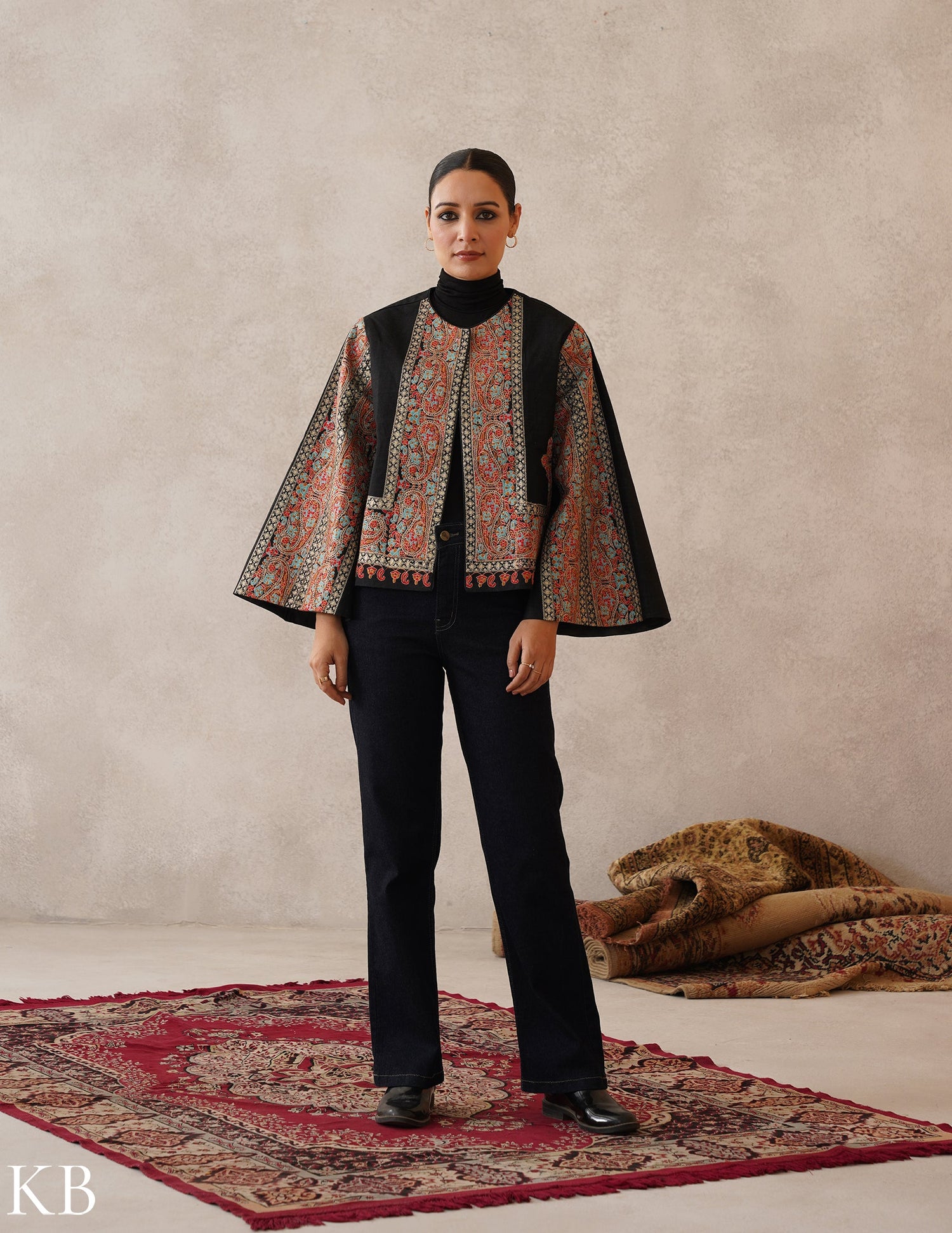 Nayaab Jet Black Kashmiri Sozni Zari Wool Cape Jacket