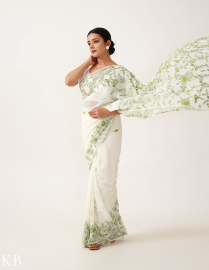 Soft Green Embroidered Off-White Georgette Saree - Kashmir Box