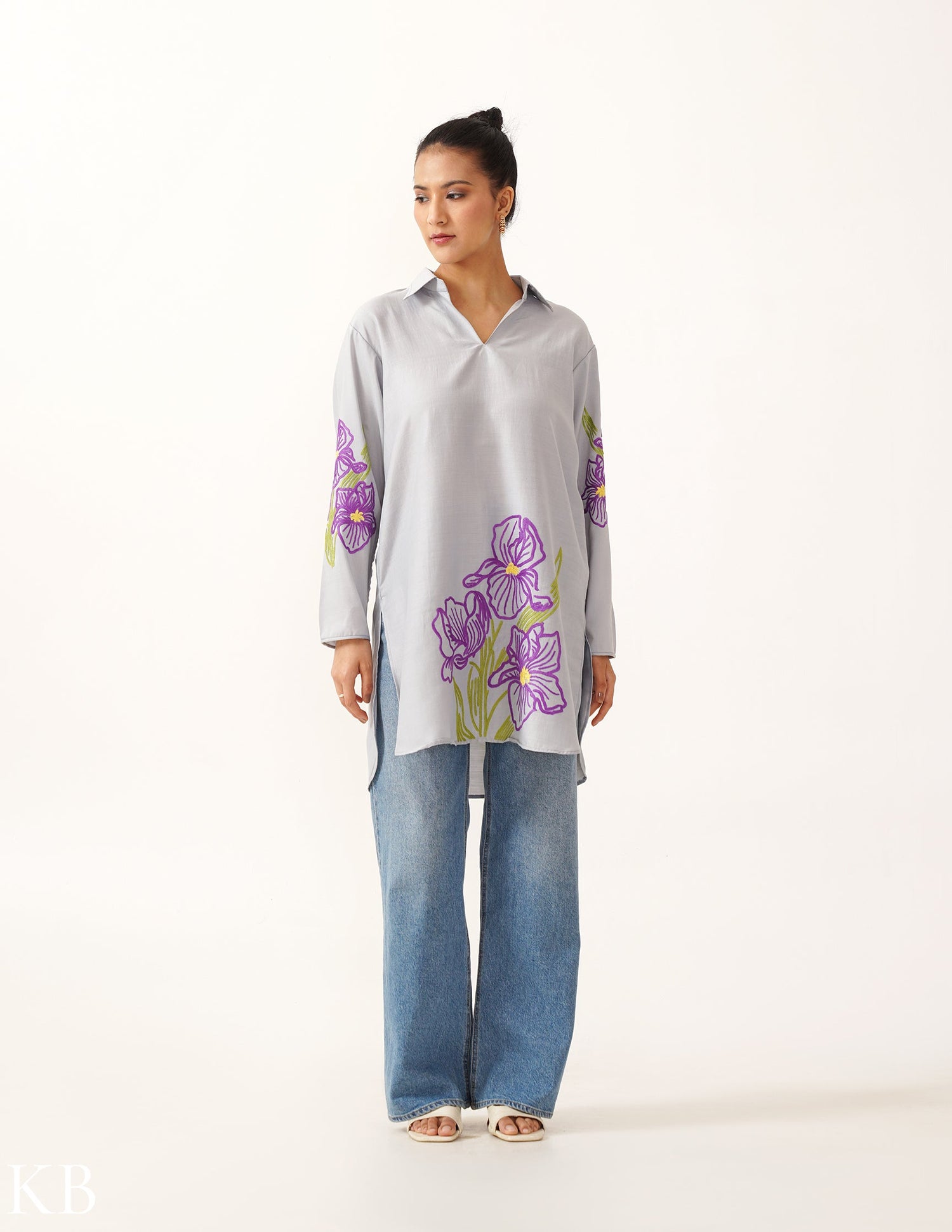 Orris Hand Aari Collared Long Sky Grey Rayon Shirt - Kashmir Box