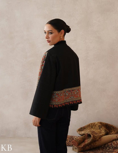 Nayaab Jet Black Kashmiri Sozni Zari Wool Cape Jacket