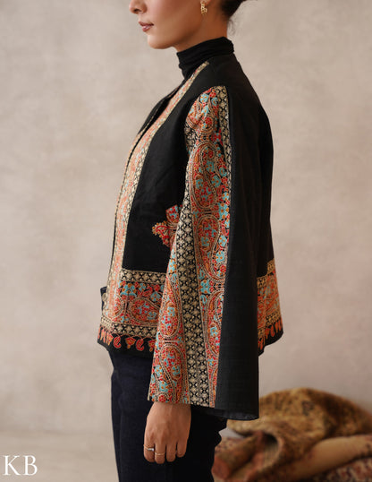 Nayaab Jet Black Kashmiri Sozni Zari Wool Cape Jacket