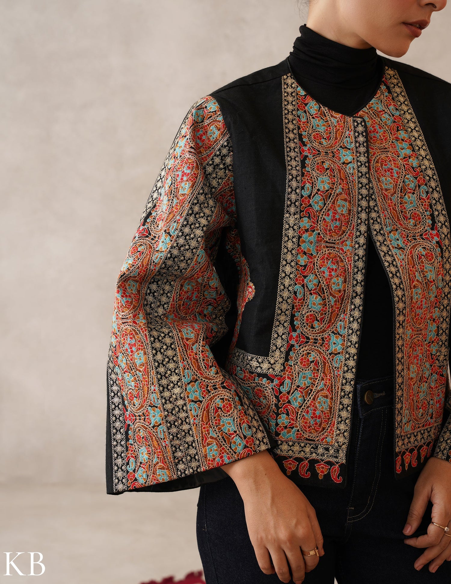 Nayaab Jet Black Kashmiri Sozni Zari Wool Cape Jacket