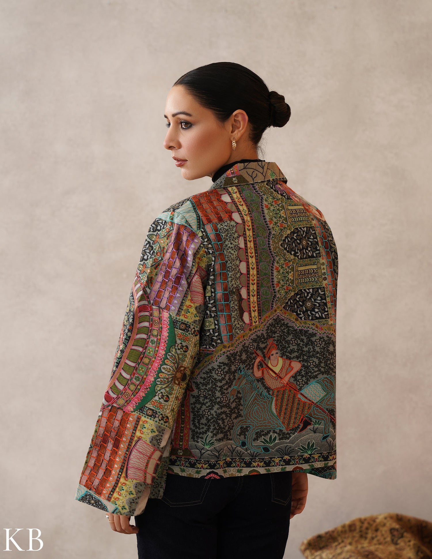 Nayaab Multicolour Kalamkari Print Sozni Outlined Fine Wool Blazer