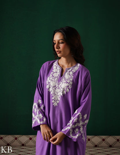 Kashmiri White Aari Embroidered Woollen Phiran – Purple | Timeless Winter Wear