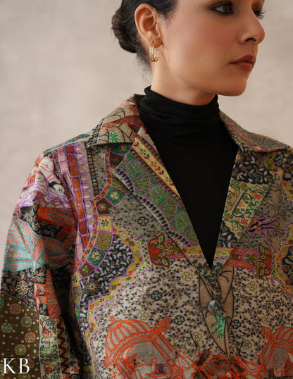 Nayaab Multicolour Kalamkari Print Sozni Outlined Fine Wool Blazer