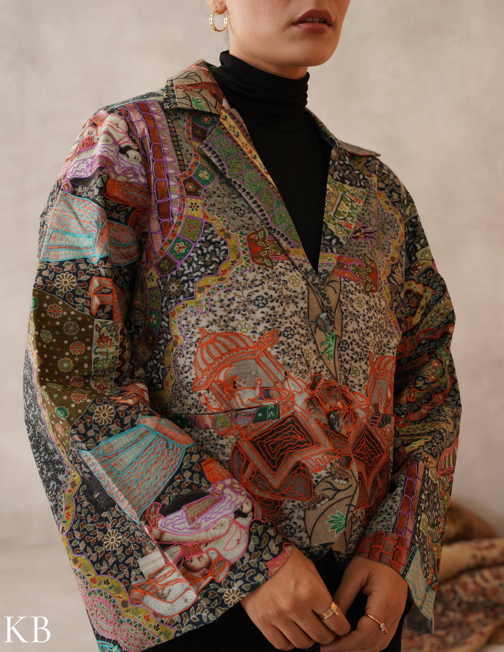 Nayaab Multicolour Kalamkari Print Sozni Outlined Fine Wool Blazer