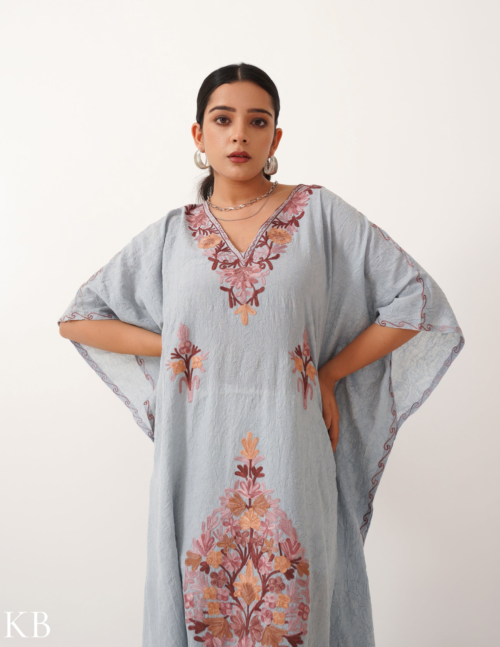 Rosy Taupe Embroidered Ash Crush Cotton Kaftan - Kashmir Box