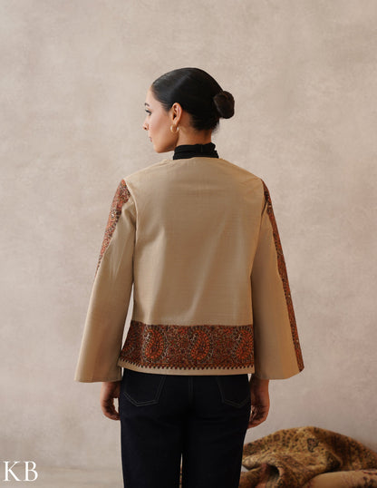 Nayaab Light Fawn Kashmiri Sozni Wool Cape Jacket