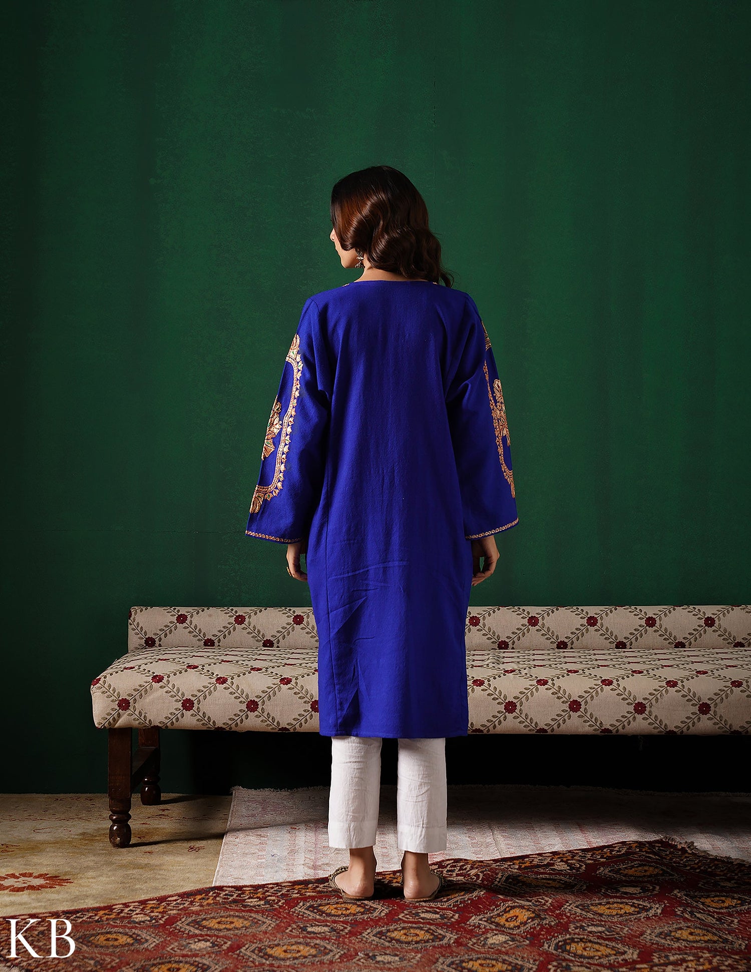Kashmiri Golden Boti Tilla Embroidered Woollen Phiran – Royal Blue | Handcrafted Heritage