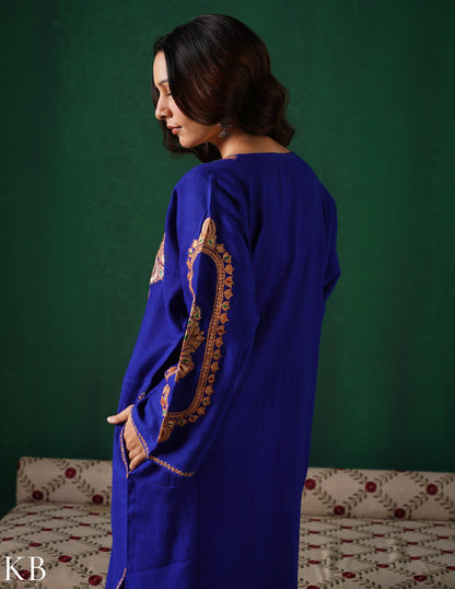 Kashmiri Golden Boti Tilla Embroidered Woollen Phiran – Royal Blue | Handcrafted Heritage