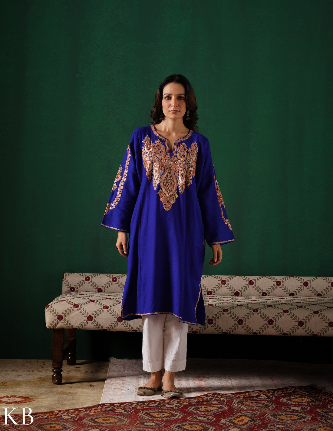 Kashmiri Golden Boti Tilla Embroidered Woollen Phiran – Royal Blue | Handcrafted Heritage