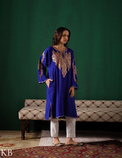Kashmiri Golden Boti Tilla Embroidered Woollen Phiran – Royal Blue | Handcrafted Heritage