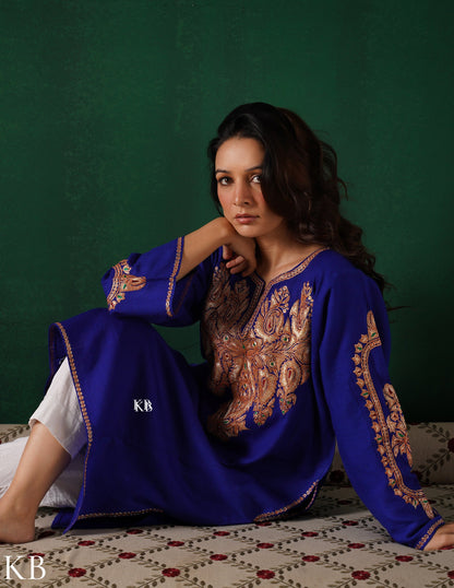 Kashmiri Golden Boti Tilla Embroidered Woollen Phiran – Royal Blue | Handcrafted Heritage