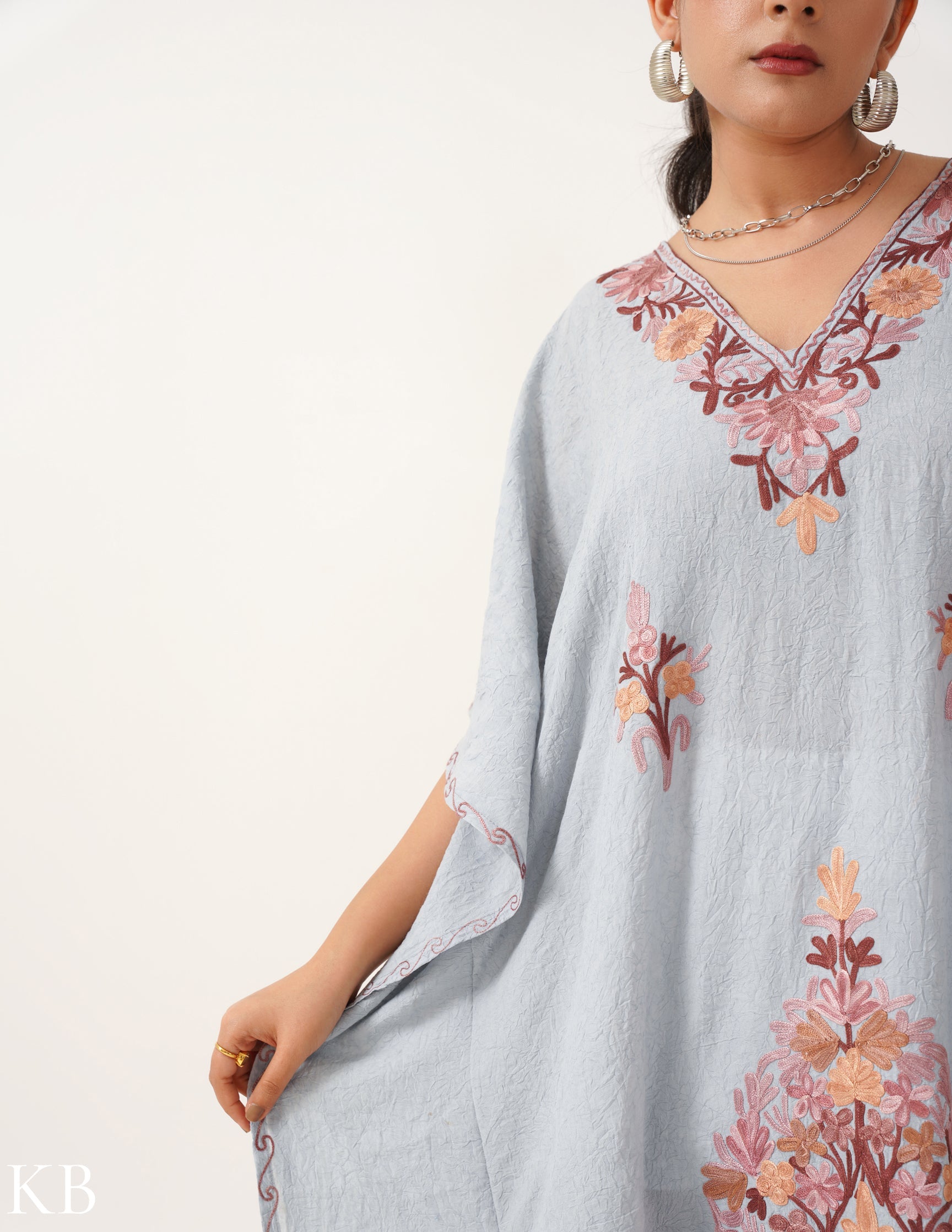 Rosy Taupe Embroidered Ash Crush Cotton Kaftan - Kashmir Box