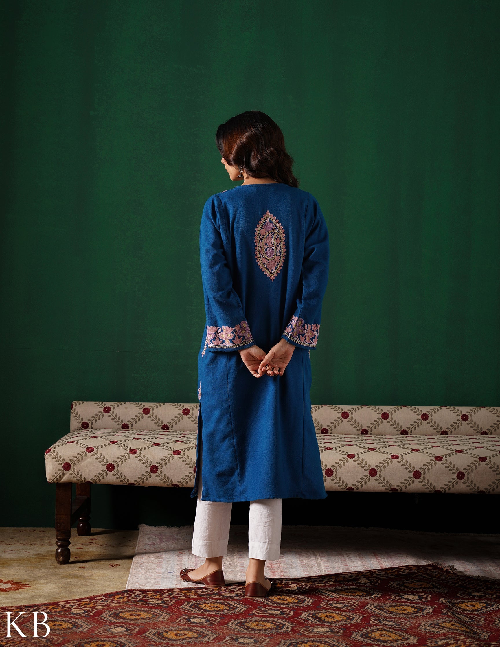 Kashmiri Aari &amp; Zari Embroidered Woollen Phiran – Teal Blue | Handcrafted Heritage