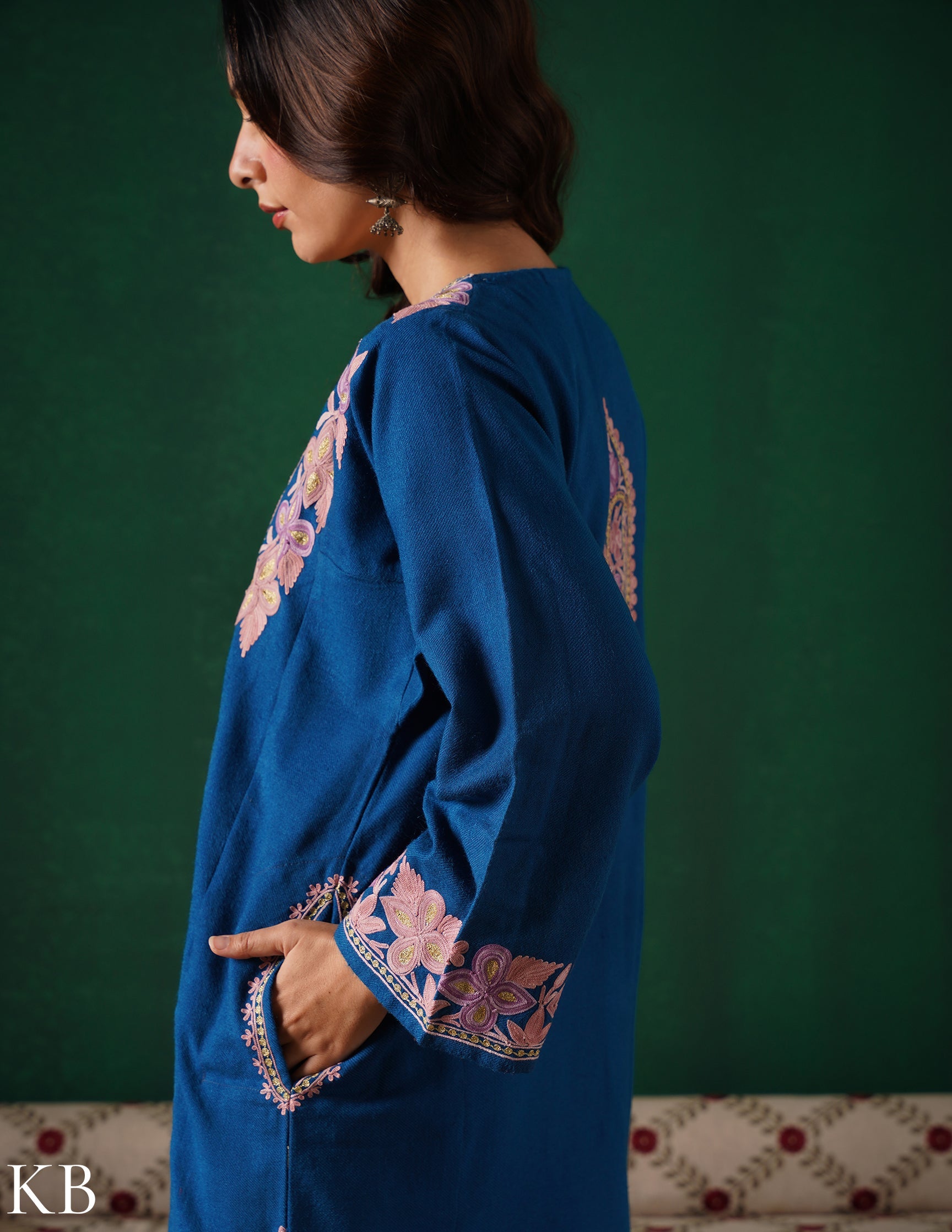 Kashmiri Aari &amp; Zari Embroidered Woollen Phiran – Teal Blue | Handcrafted Heritage